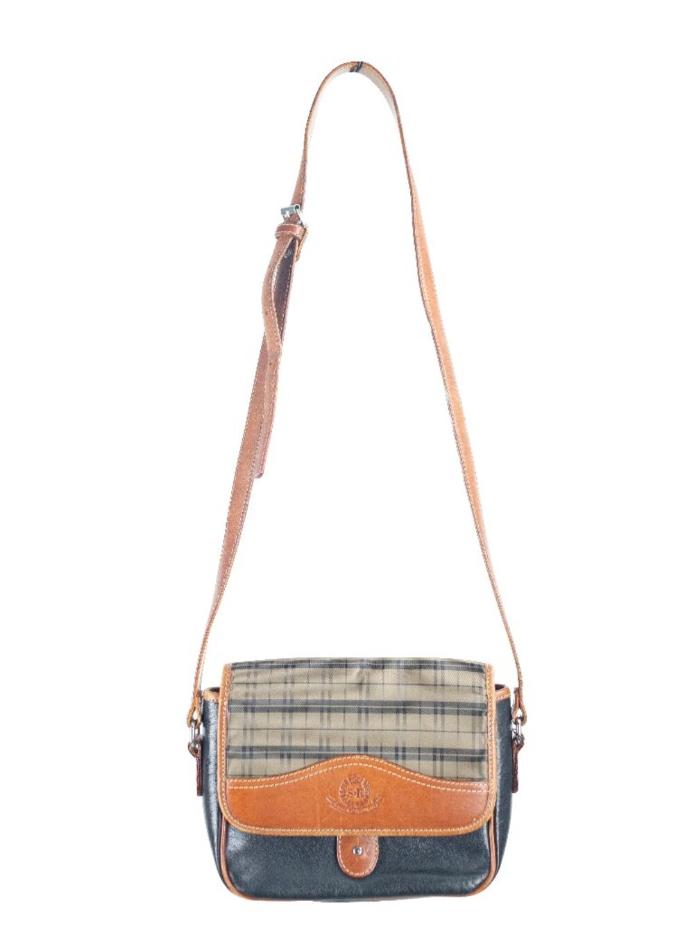Plaid Crossbody Bag with Tan Leather Trim